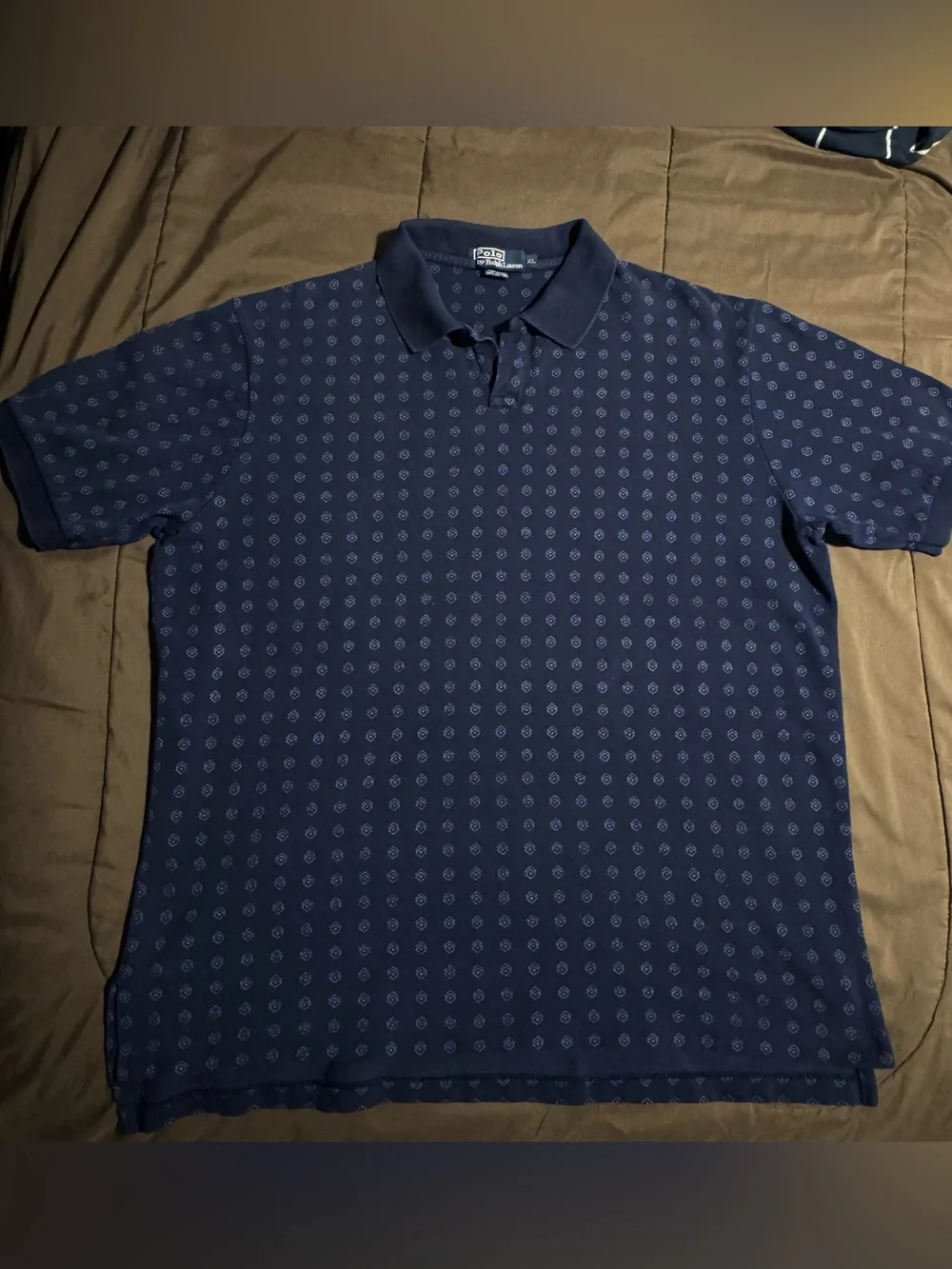 Vintage Ralph Lauren Navy Polo with Micro Geometric Print